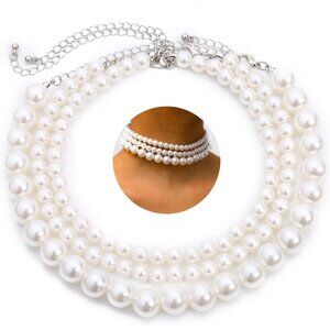 Boho Choker Necklaces for Women - Faux Round Pearl Layered Fashion Chunky Thick